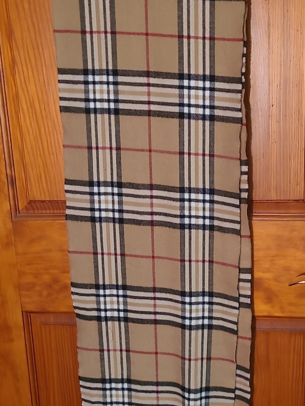 Classic Tan Plaid Scarf with Black, White and Red Stripes Cashmere NWOT Italy